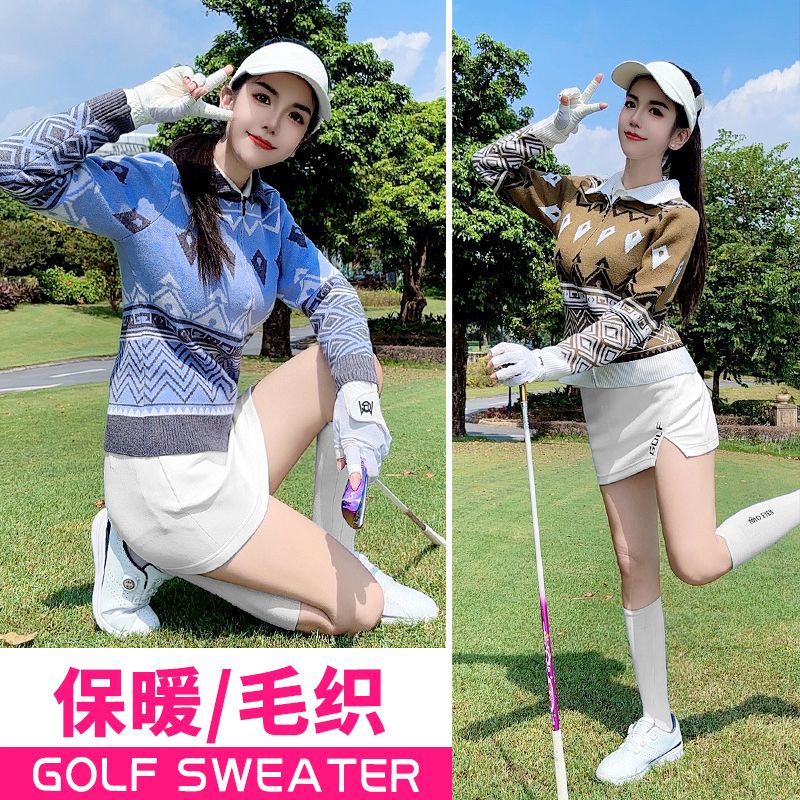 PGM 高爾夫女裝毛織翻領外套保暖時尚上衣彈力運動毛衣新款服裝