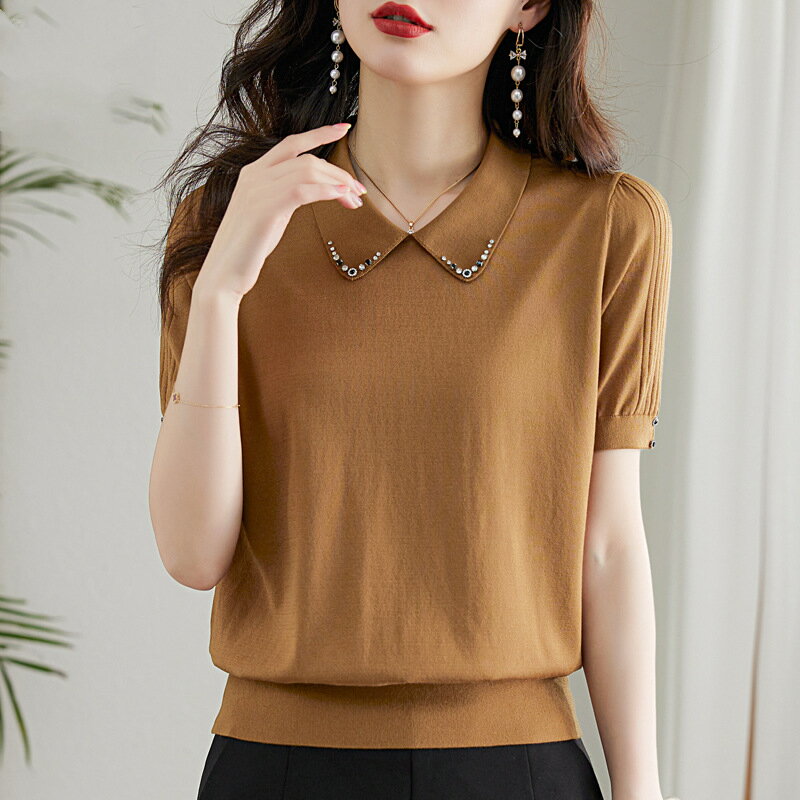 現貨+預購 針織衫短袖POLO衫-釘珠翻領修身純色女上衣3色74kx38【獨家進口】【米蘭精品】