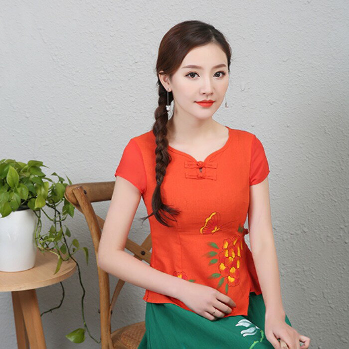 夏季中國風改良上衣民族風復古短袖中式修身印花棉麻襯衫顯瘦1入