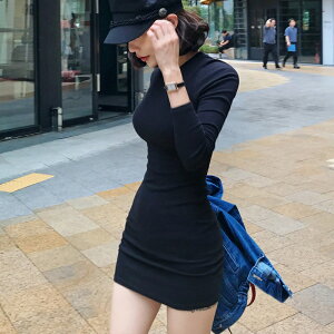 韓國春秋修身緊身長袖連衣裙氣質性感休閑彈力包臀收腰短裙女打底