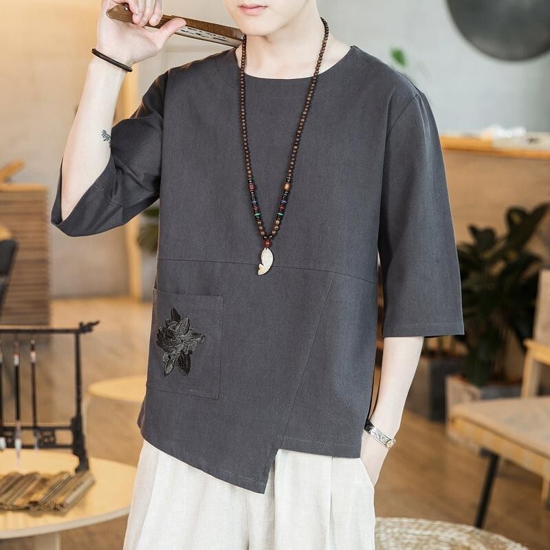 【新品】M-5XL大碼中國風服飾 短袖上衣 短袖 潮流 休閒上衣中國風T恤男短袖夏季新款七分袖體恤大碼寬鬆中袖刺繡上衣服