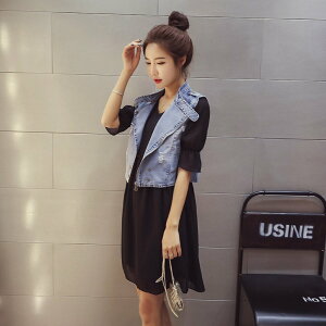 FINDSENSE G5 韓國時尚 短款 牛仔 馬甲 + 短袖 雪紡 裙子 兩件套 套裝 連身裙
