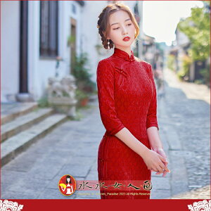 複合蕾絲七分袖長旗袍 復古中國風經典改良式時尚修身顯瘦日常連身裙洋裝～美麗優雅風～達萊(紅色)。水水女人國