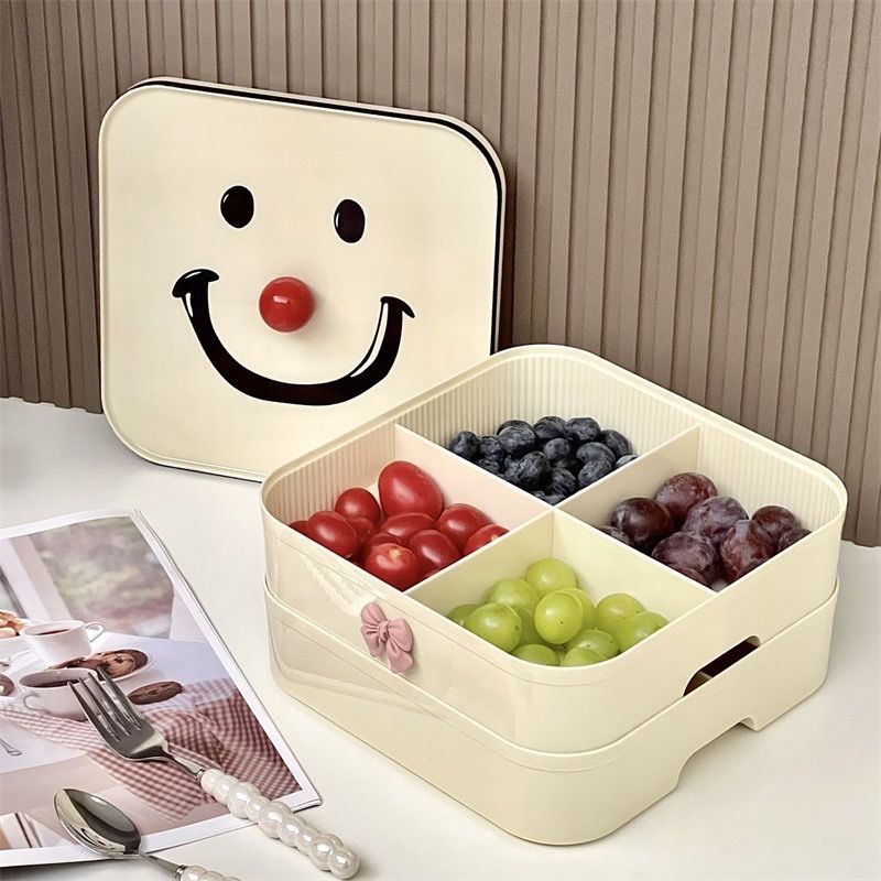 糖果堅果干果分格果盤收納盒 北歐微笑干果盤分格帶蓋家用客廳堅果糖果盒零食擺放盤裝飾水果盤