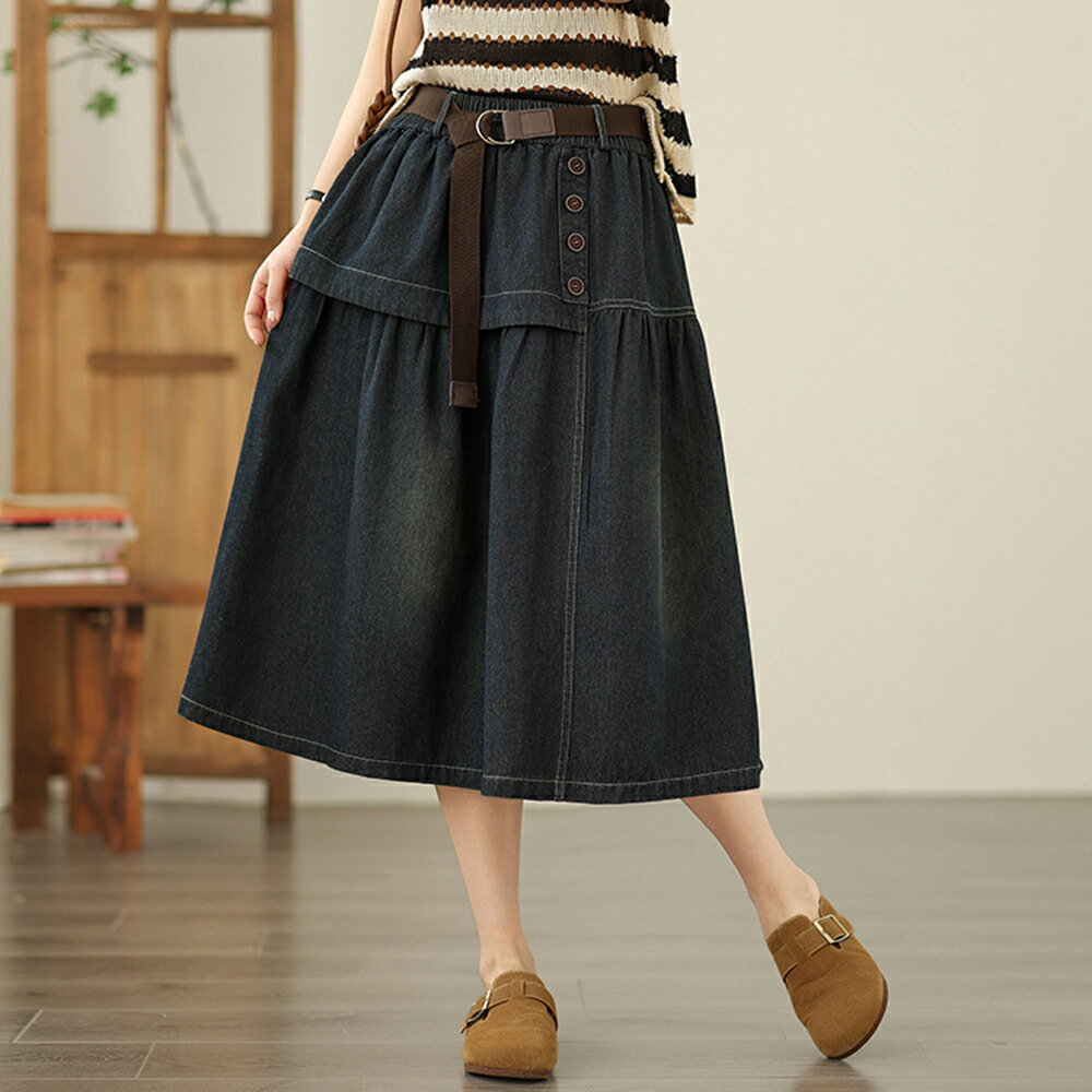 ＊ORead＊文藝復古牛仔高腰有腰帶牛仔裙(藏青色M~2XL)【限定加碼✿全館滿額再折】