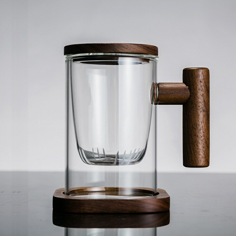 玻璃杯茶杯-茶水分離木把帶蓋水杯74aj22【獨家進口】【米蘭精品】