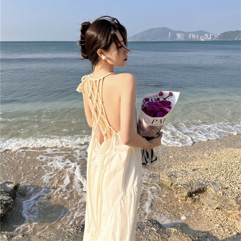 【手工編織度假】掛脖連衣裙 露背長裙 海邊度假裙 手工麻繩裙 編織長裙 旅拍洋裝 渡假風長裙 手工感設計 夏日清涼 獨特露背剪裁
