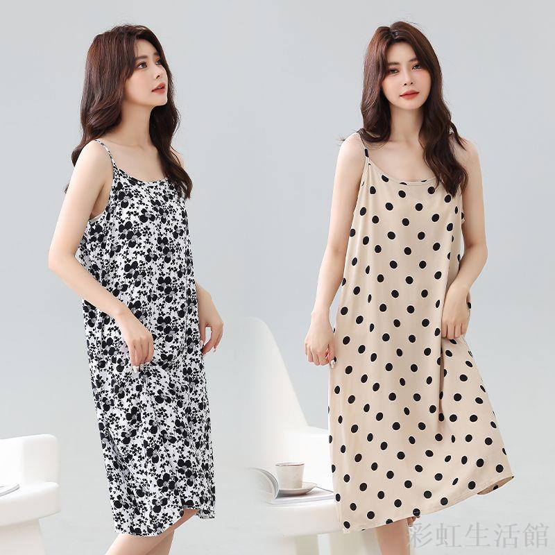 2024新款夏季薄款棉綢吊帶睡裙女黑色圓點時尚性感打底裙長款睡衣