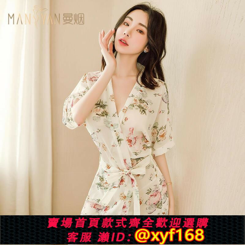 {臺灣公司貨 可打統編}新款內衣女印花和服睡裙套裝透視裝日式和風浴袍家居服1822