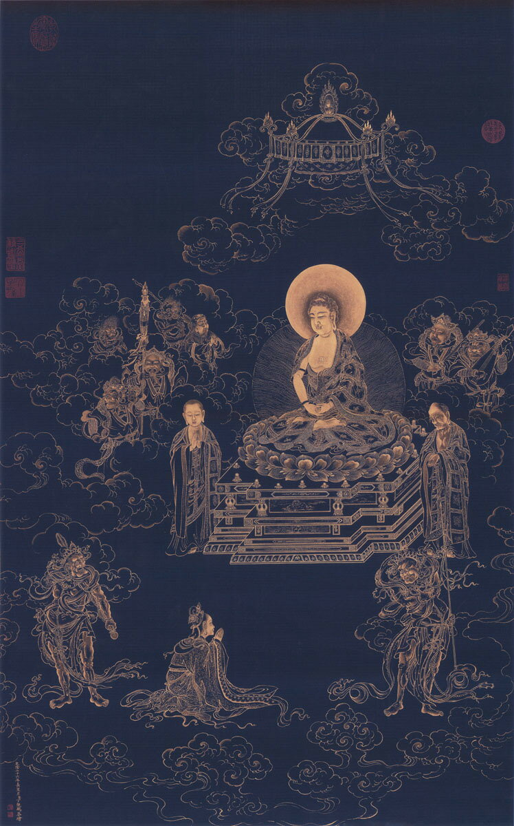 仿古畫名畫復製品清丁觀鵬無量壽佛圖60-96釐米水墨畫中國字畫