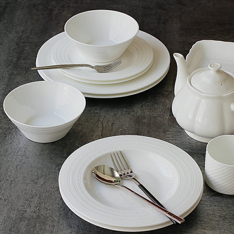 維爾系列唐山骨瓷浮雕西餐餐具4件套西餐盤湯碗牛排意面盤子 0