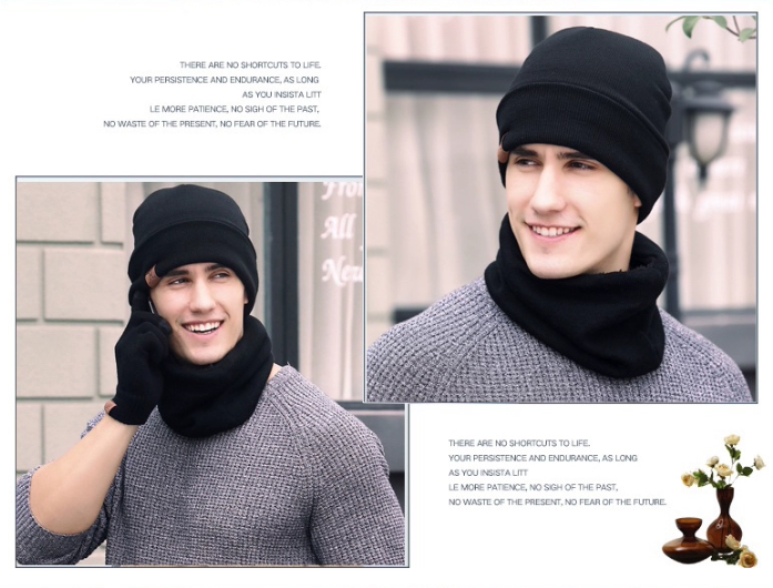 帽子男士冬季圍巾手套三件套圍脖壹體加絨保暖冬天針織冷帽毛線帽