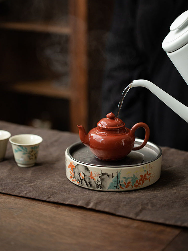 錫蓋陶瓷蓄水茶盤功夫茶具工筆畫花鳥雙層簡約彩繪壺承干泡茶臺
