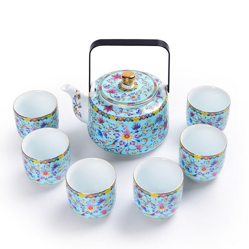 琺瑯彩景德鎮陶瓷茶具家用茶壺茶杯青瓷簡約中式古典泡茶器描金