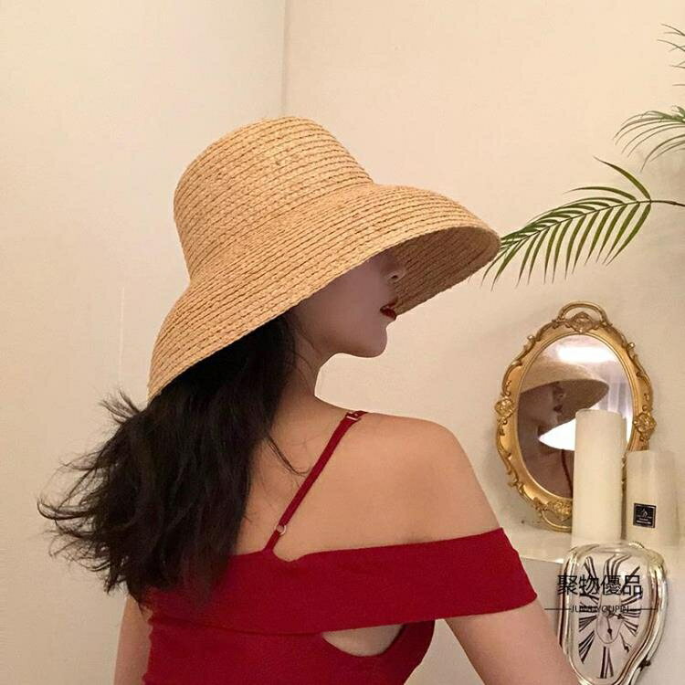 草帽大帽檐復古拉菲草遮陽盆帽海邊沙灘可調節防曬漁夫帽【聚物優品】