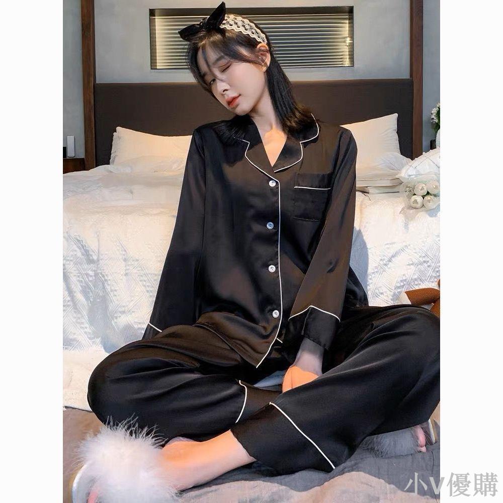 小V 睡衣女春秋季長袖學生冰絲寬松大碼夏天女士薄款高階感家居服套裝