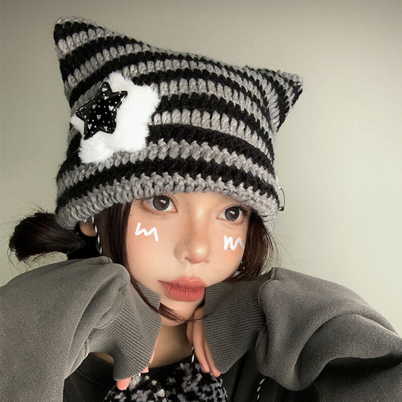 亞比風貓咪耳朵帽子女秋冬y2k條紋針織帽韓版可愛保暖套頭毛線帽