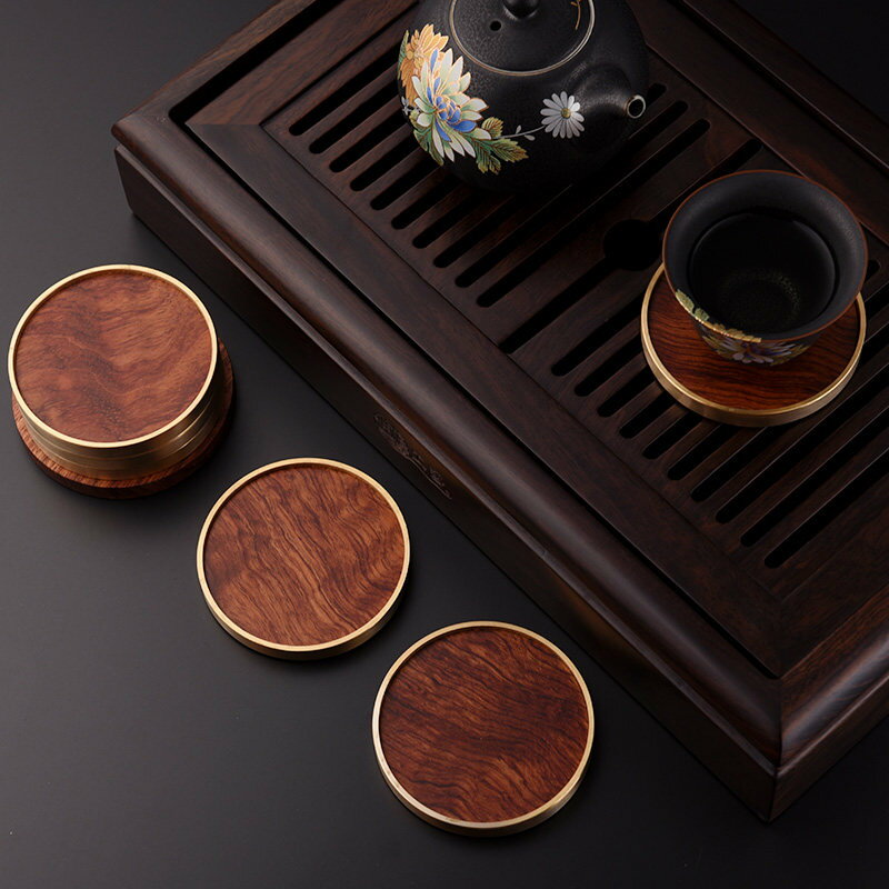 日式創意花梨木鑲銅茶杯墊杯托禪意黑檀隔熱墊茶杯托子茶道零配件