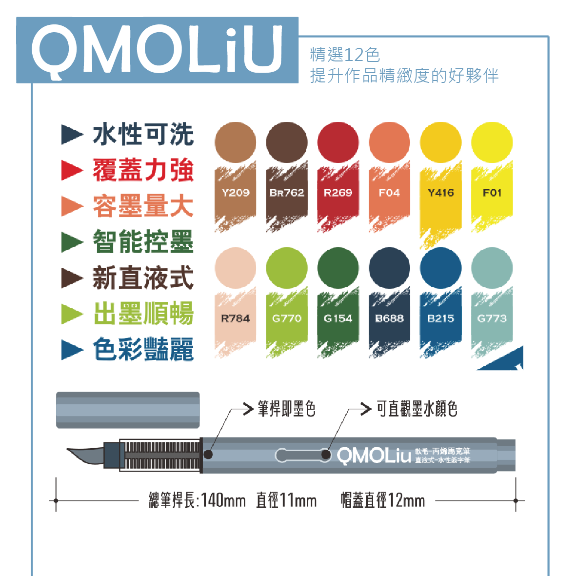 QMOLiU 直液式丙烯馬克筆 12色/單色 2