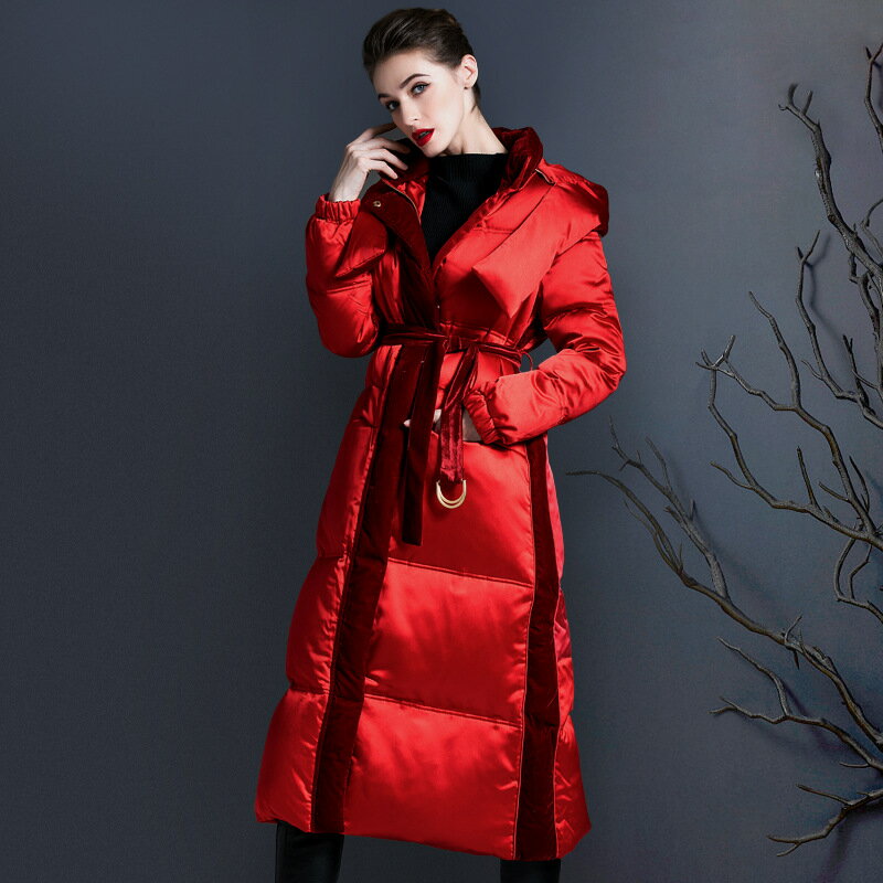 【巴黎精品】真 羽絨90%白鴨絨 羽絨外套鴨絨夾克-連帽絲絨拼接過膝女外套2色p1au18