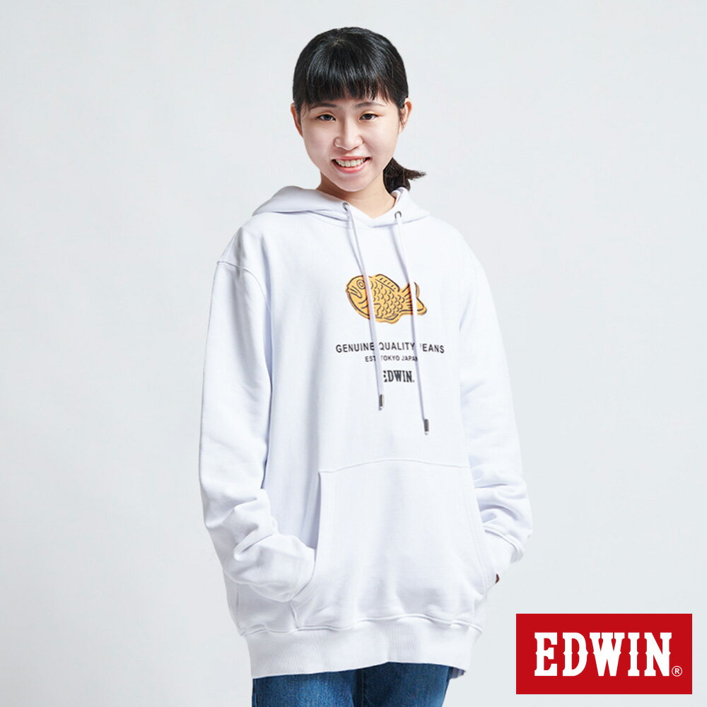 EDWIN 男女款 東京散策系列 鯛魚燒連帽長袖T恤(白色)