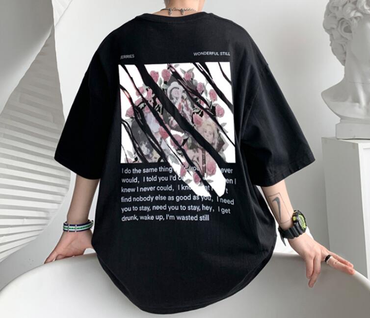 FINDSENSE X 韓潮 男士 復古花朵 寬鬆五分袖大尺碼 短袖T恤