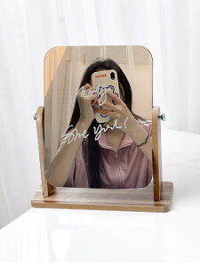 楓林宜居 臥室桌面木質化妝鏡大號復古折疊高清鏡子梳妝簡約歐式臺式小鏡子