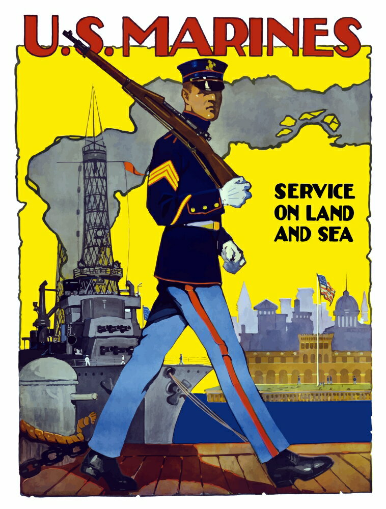 Posterazzi: World War II poster of a US Marine marching along a dock ...