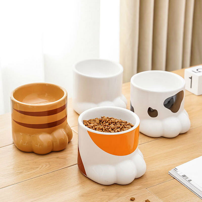貓碗陶瓷可愛貓爪碗高腳保護頸椎貓食盆貓糧碗淺口喝水零食雙碗