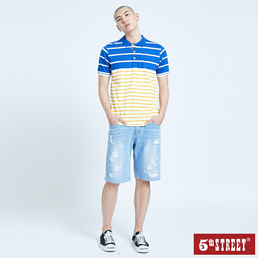 男裝 撞色配條短袖POLO衫-寶石藍 (570679) 【5th STREET】【全館滿$3000贈環保餐具收納包】 2