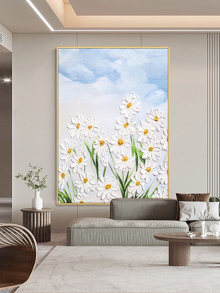 壁畫 小雛菊手繪油畫立體花卉肌理畫玄關裝飾畫現代簡約客廳背景墻掛畫