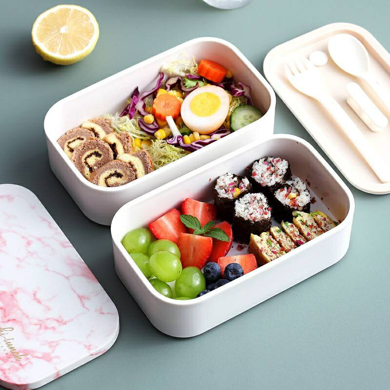全新 INS雙層塑膠分隔飯盒 帶餐具便攜可微波爐午餐盒 大容量學生便當盒