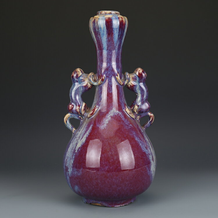 清代窯變釉雙耳蒜頭瓶古董古玩收藏真品中國風花瓶老物件瓷器老貨| 協貿