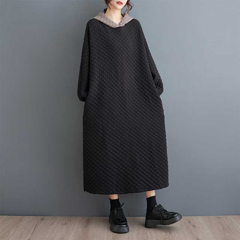 洋裝長袖連身裙-時尚夾棉餅乾格連帽女裙子黑色74jb83【米蘭精品】【獨家進口】