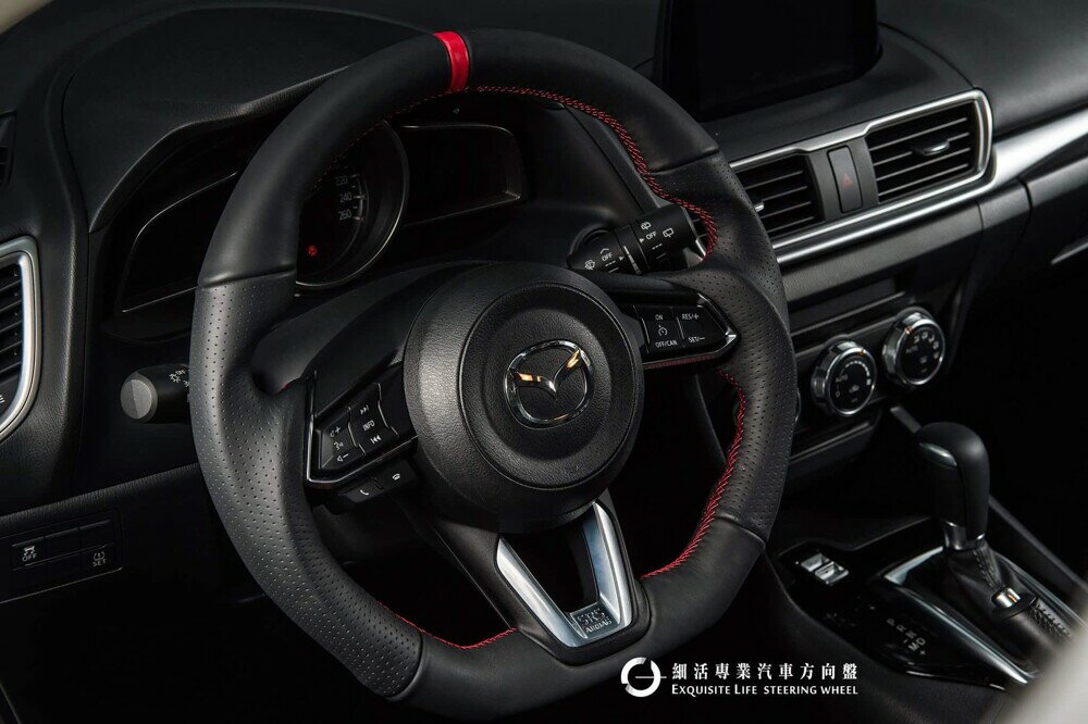 [細活方向盤] 全牛皮紅環款 Mazda3 CX3 CX5 MAZDA 馬自達 馬三 馬3 變形蟲方向盤 方向盤 造型方向盤