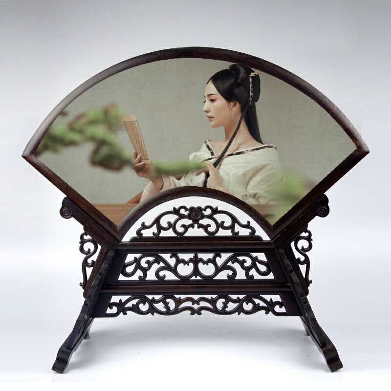 扇形照片實木雙面繡臺屏擺件 雞翅木古典中式擺件相框擺臺畫框 1