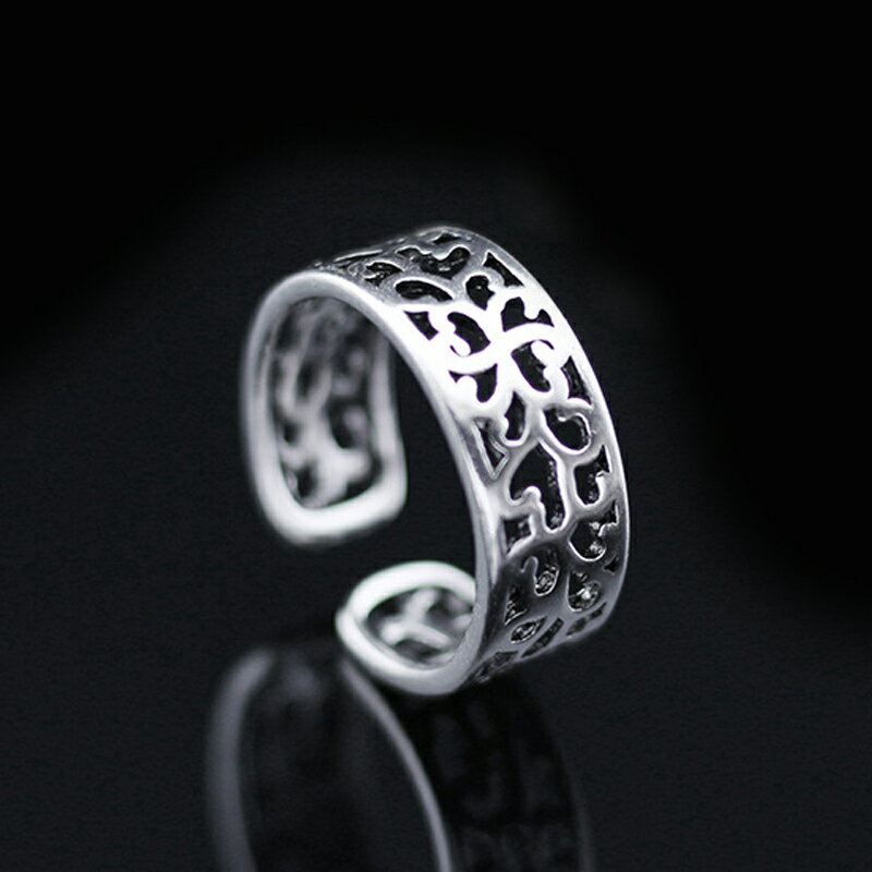 復古泰銀做舊鏤空花紋情侶指環時尚戒指泰銀色個性開口戒指女