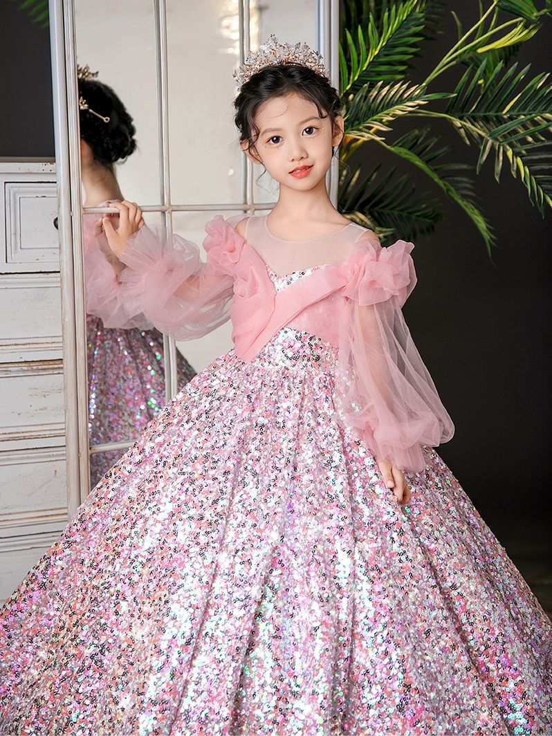 2024新款女童禮服裙長袖粉色兒童主持人禮服模特走秀高階秋冬季
