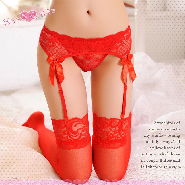 「送280ml潤滑液」美麗情人‧絲滑蕾絲吊襪帶+大腿蕾絲絲襪 (紅)