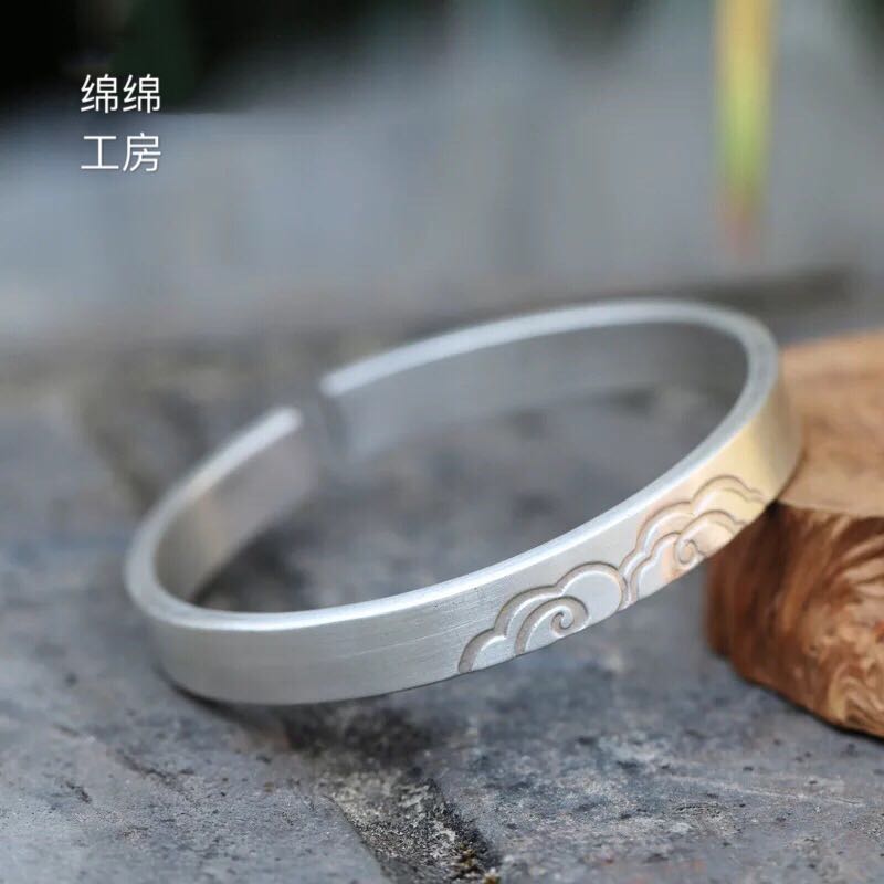 足銀999純銀飾品個性祥雲磨砂銀手鐲 純手工製作男士女士情侶手鐲