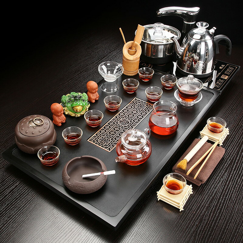 烏金石茶具套裝簡約現代家用辦公紫砂陶瓷整套功夫茶盤茶海全自動