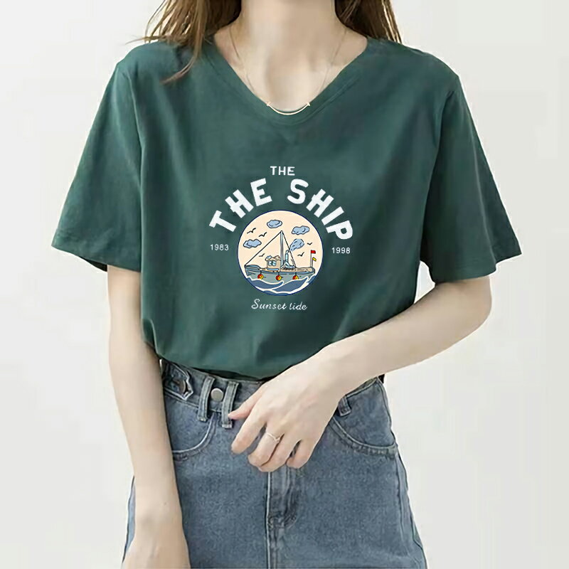 墨綠色設計感小眾短袖t恤女2022年夏季新款韓版V領純棉寬松上衣潮