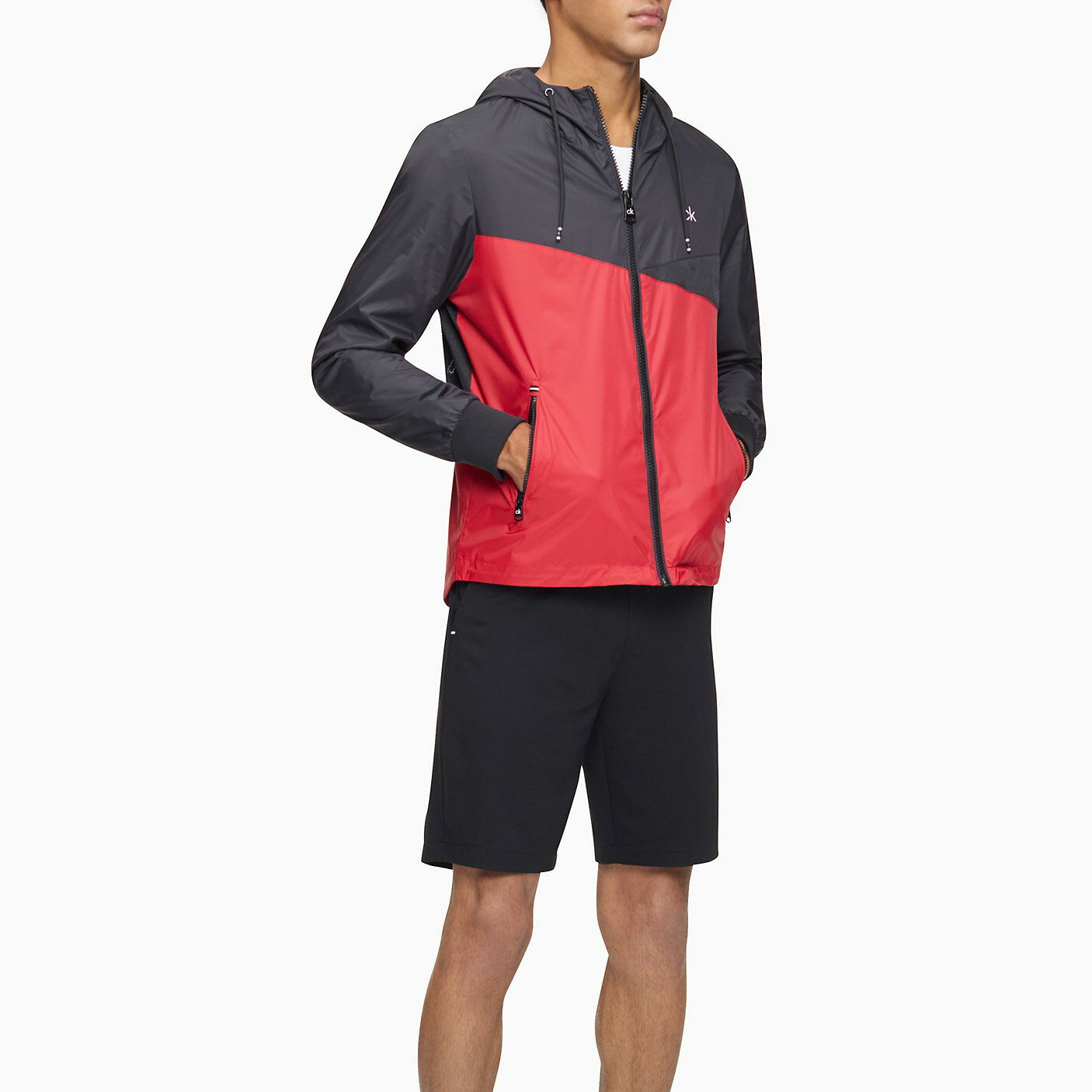 美國百分百【全新真品】Calvin Klein 防風外套 夾克 防風 CK 連帽 大尺碼 黑紅色 2XL號 BD33