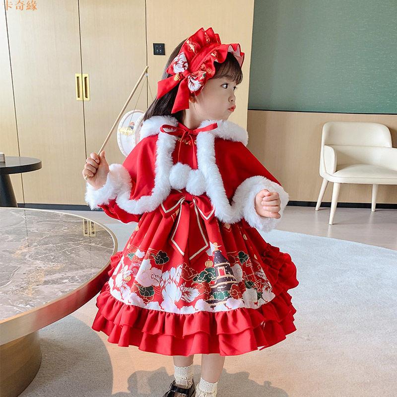 女童聖誕衣服秋冬款紅色洛麗塔公主裙兒童圣誕節服裝加絨加厚連衣裙
