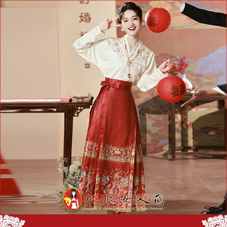 復古國潮馬面裙 提花繫帶壓褶改良式時尚修身百搭長裙。優雅中國風美穿在身～紅鳳凰。水水女人國