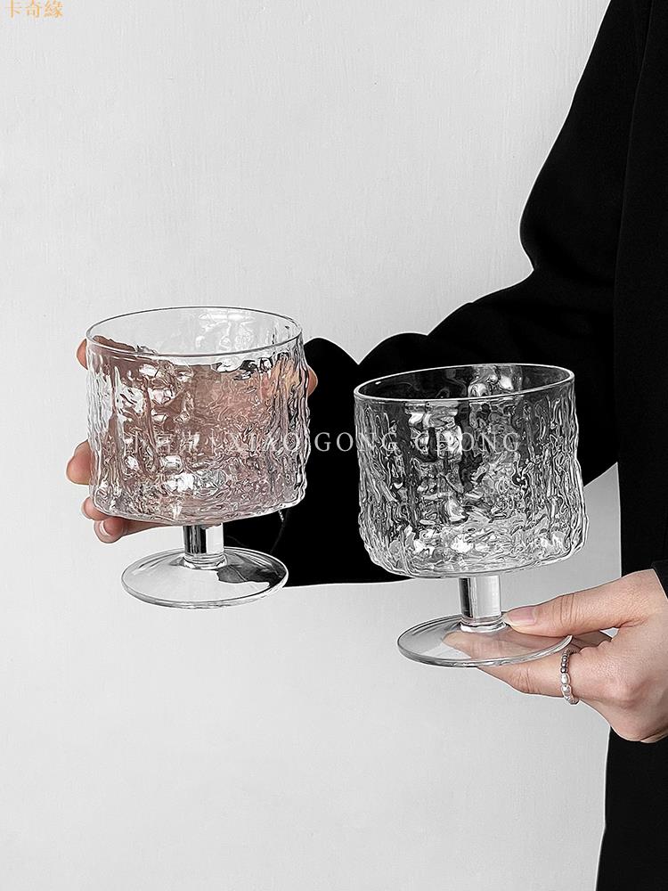 設計感樹皮紋高腳杯ins家用玻璃杯咖啡杯果汁杯氣泡水杯飲料杯子