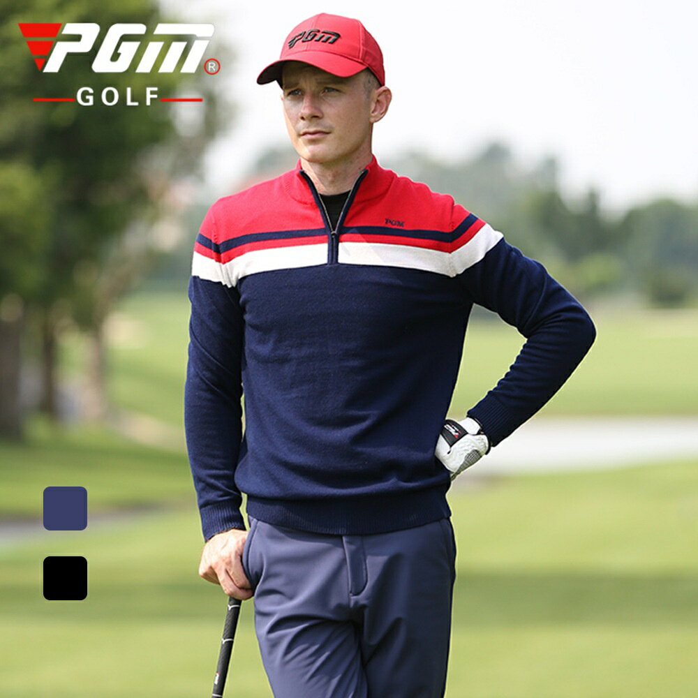 PGM 秋冬季 高爾夫服裝男士長袖t恤立領拼色保暖毛衣golf男裝衣服