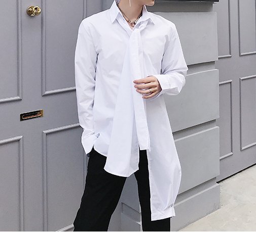 FINDSENSE H1 2018 夏季 新款 個性領結不對稱 白色 長袖 襯衫 潮流 時尚 男 襯衣 獨家款