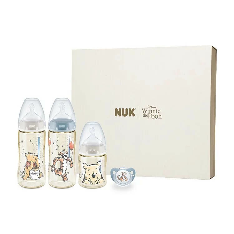 0-6個月適用【德國 NUK】NUK x Disney小熊維尼聯名禮盒 (感溫奶瓶、中圓洞奶嘴、矽膠安撫奶嘴)