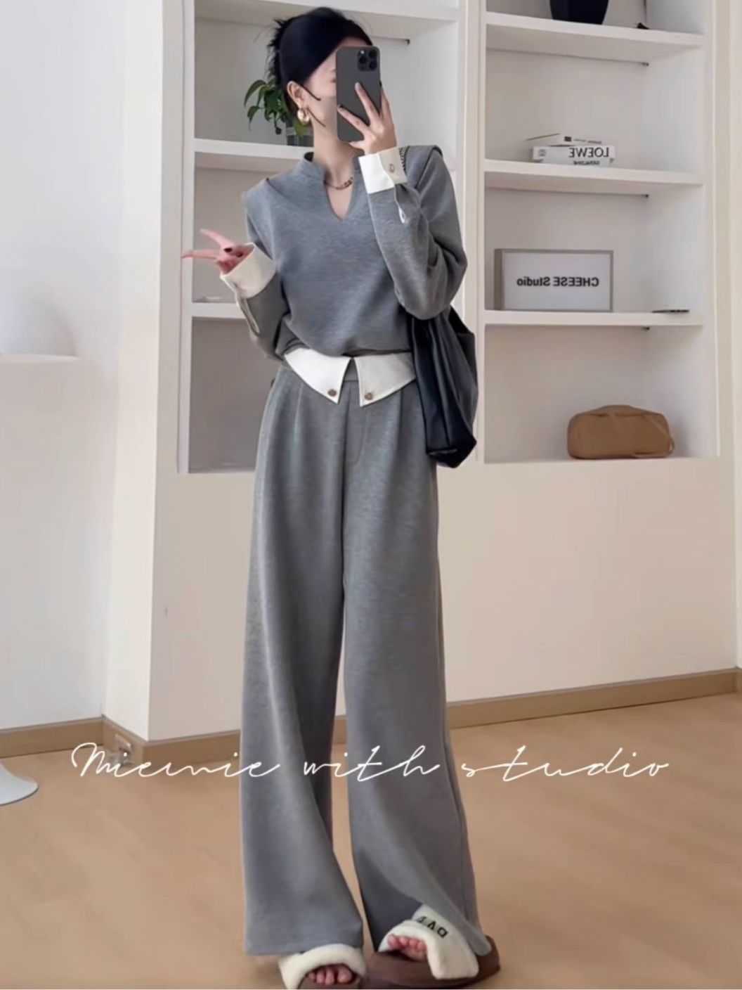歐貨設計感運動服套裝女春秋時尚氣質V領衛衣闊腿休閑長褲兩件套-享樂